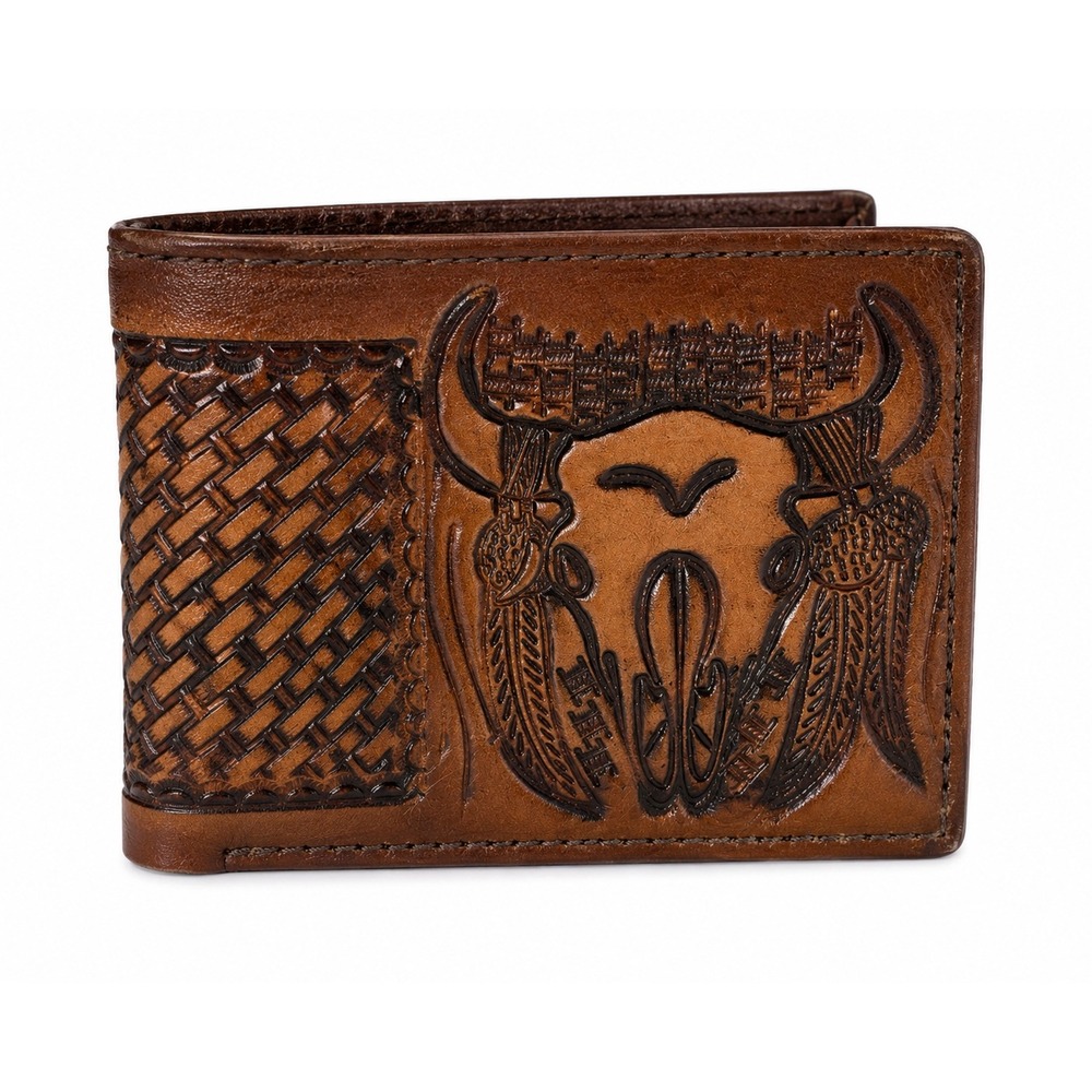 NEW Western Tooled Longhorn Skull Leather Bifold Wallet Rodeo Cowboy Handcrafted